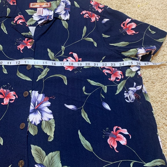 Caribbean JoE Hawaiian women’s SZ 2X short sleeve navy floral brown button - Picture 9 of 15